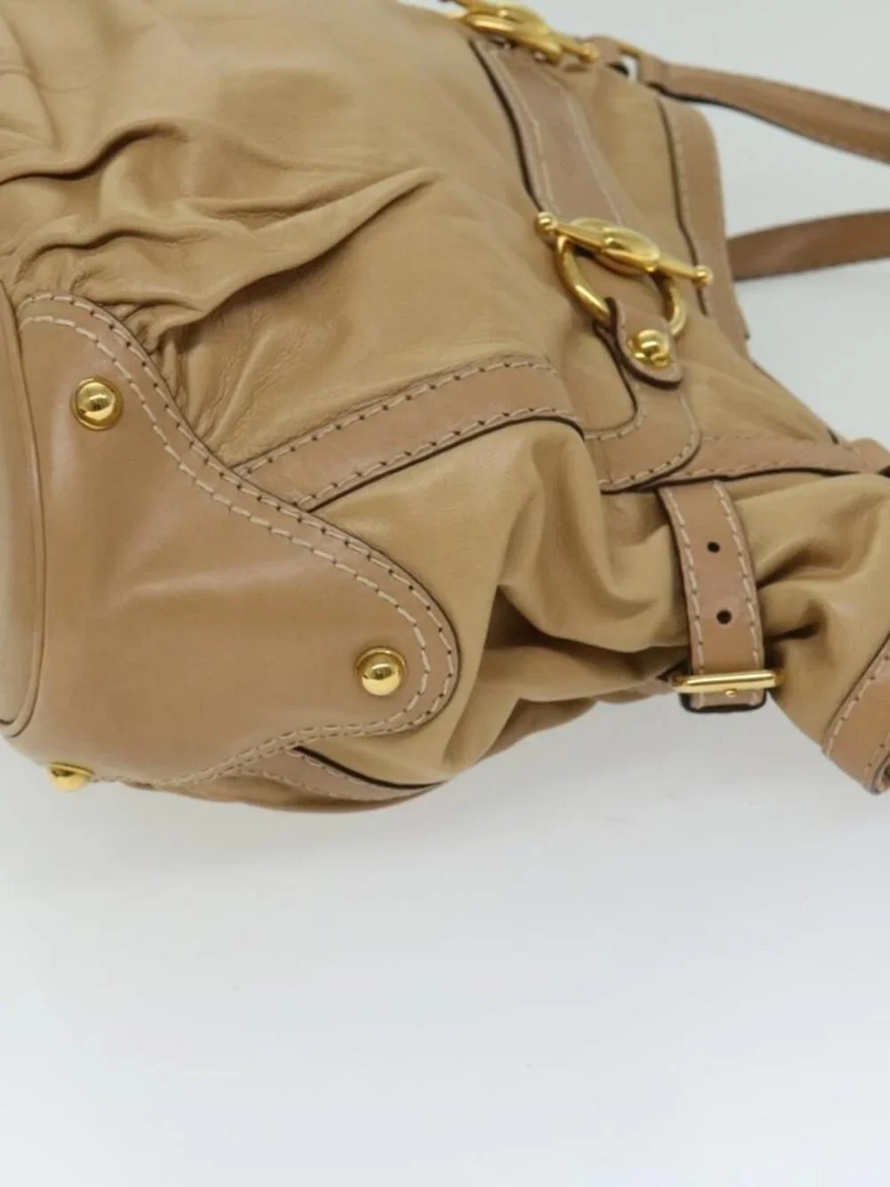 GUCCI Horsebit Shoulder Bag Leather Beige 203546 Auth fm3198
